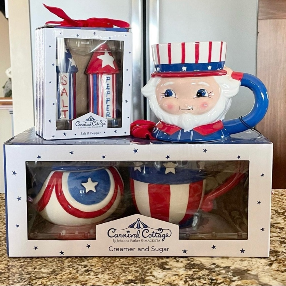 Johanna Parker 4th of July- cream and sugar, mugs, salt and pepper